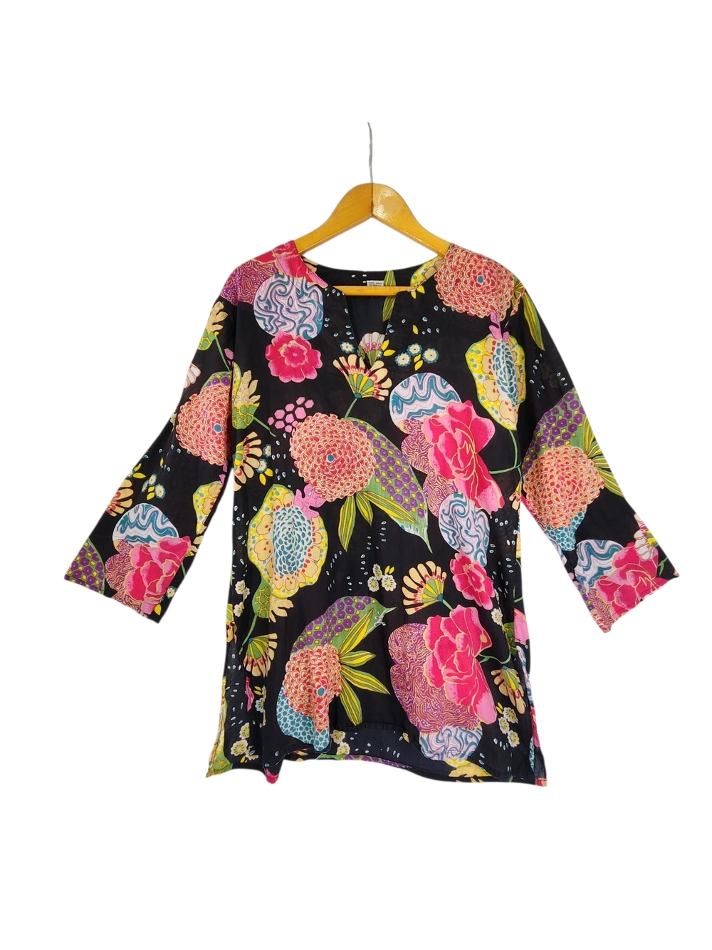 Boho Floral Cotton Tunic Top V Neck Size L Black Multicolor 3/4 Sleeve Pockets